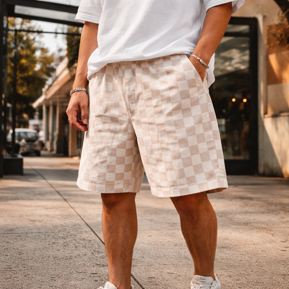 DJAB Par Simons Latte Checker Denim Men's Shorts Cotton Blend Casual Streetwear